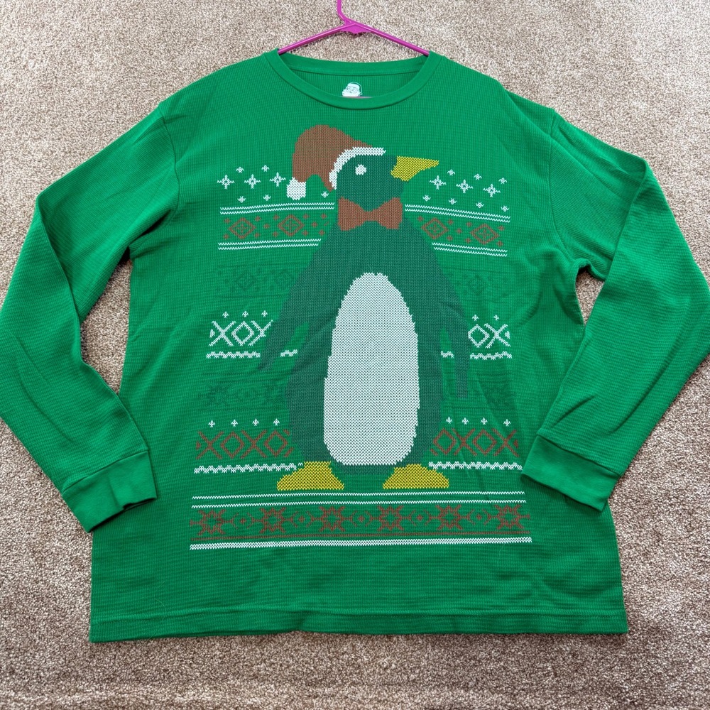 Dec 25th Men's Christmas Thermal XL Green Waffle Knit Penguin Ugly Funny Holiday